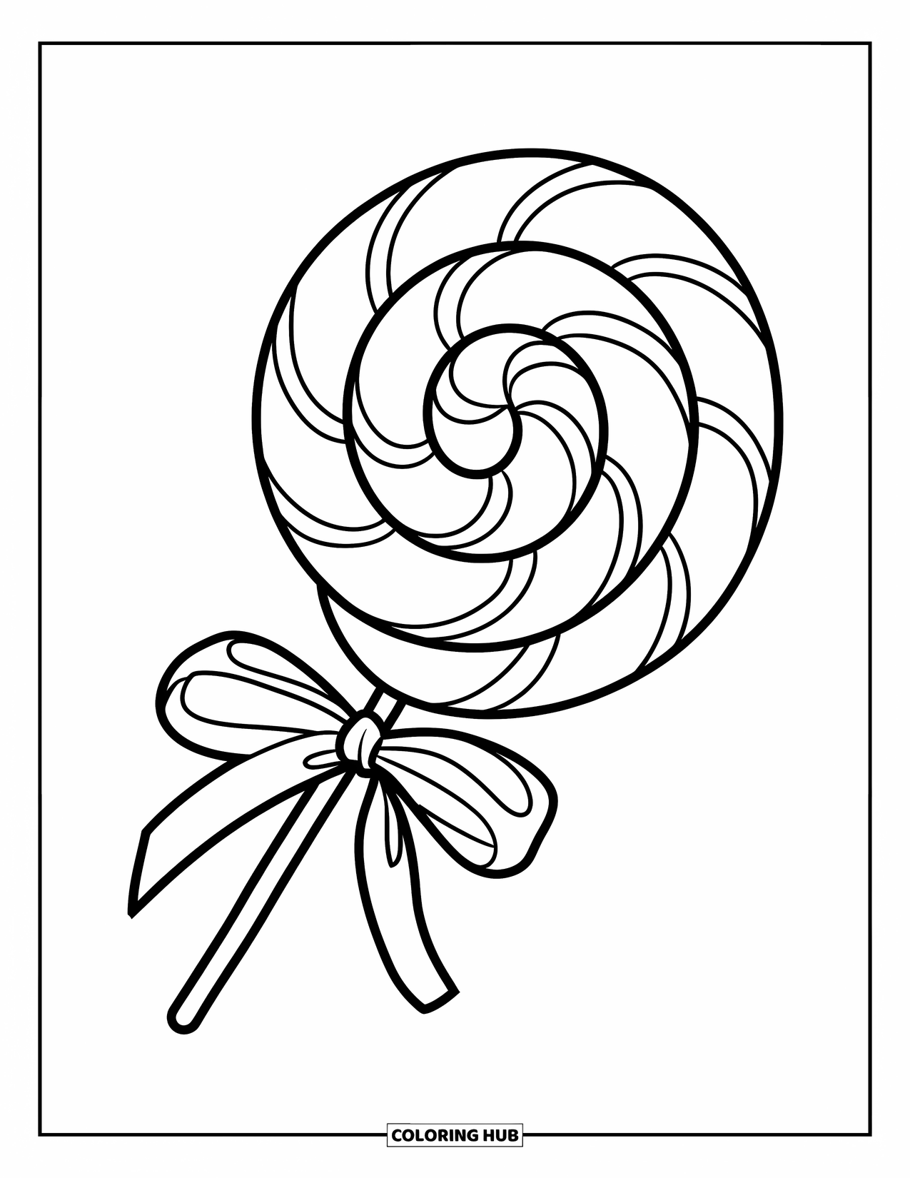 Lollipop Coloring Page for Kids: A cheerful lollipop with a swirling design and a decorative bow