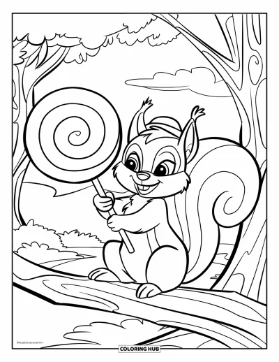 Desenho de Pirulito para Colorir para Crianças: Um esquilo alegre usando um chapéu, saboreando um pirulito enquanto está empoleirado em um galho de árvore