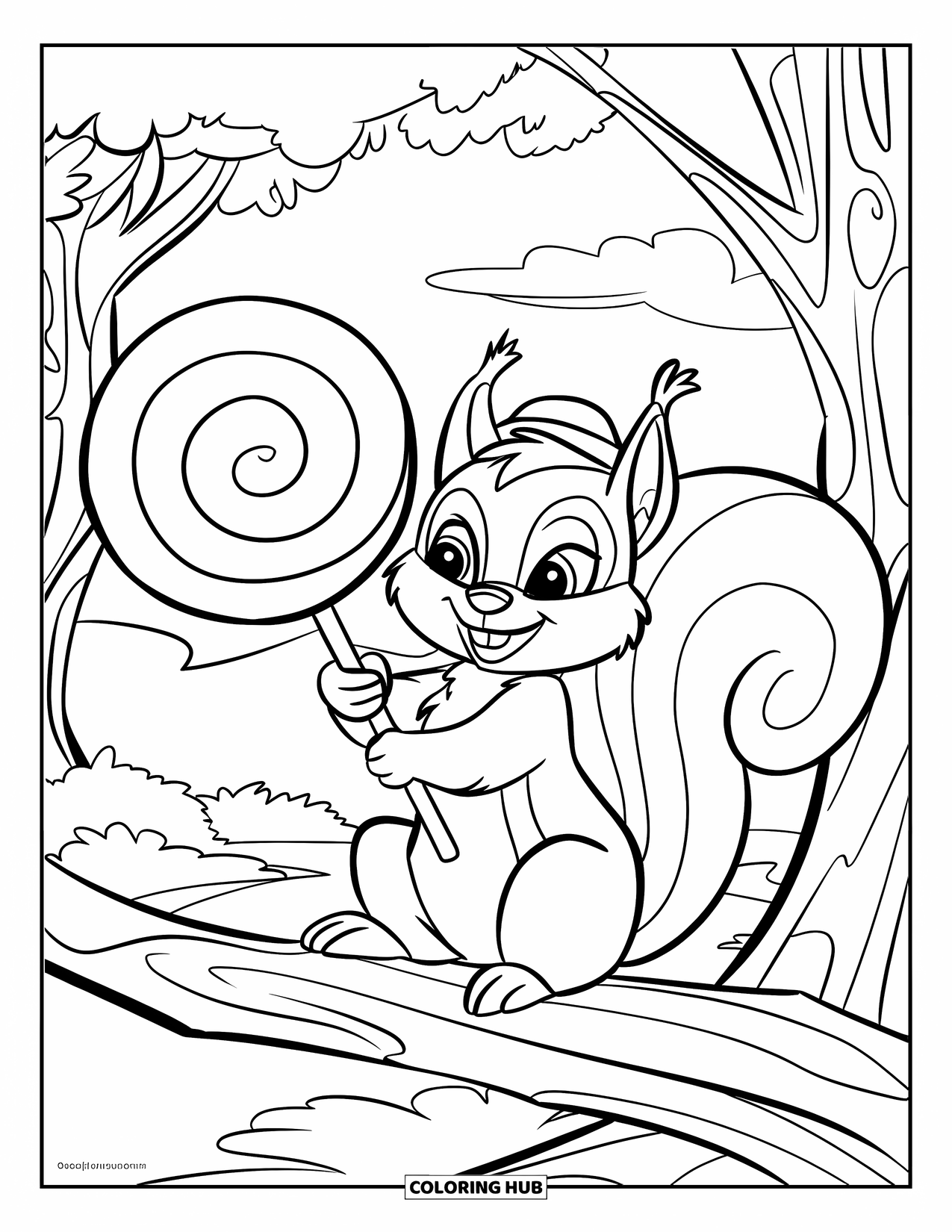Lollipop Coloring Page for Kids: A cheerful squirrel wearing a hat, savoring a lollipop while perched on a tree branch