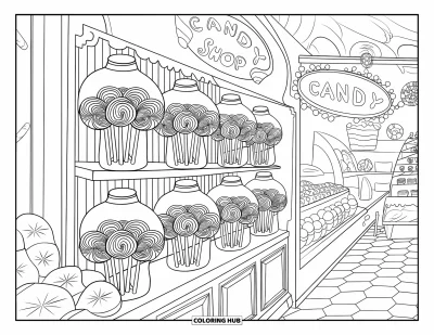 Desenho de Pirulito para Colorir para Crianças: Uma loja de doces clássica cheia de doces, uma grande janela e uma caixa de flores