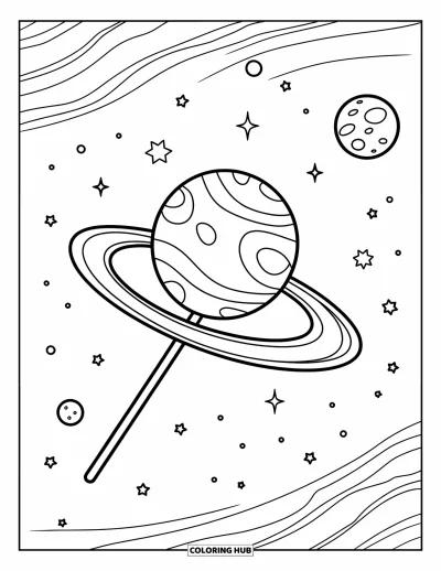 Desenho de Pirulito para Colorir para Crianças: Um pirulito cósmico à deriva pelo espaço, cercado por pequenos planetas e estrelas