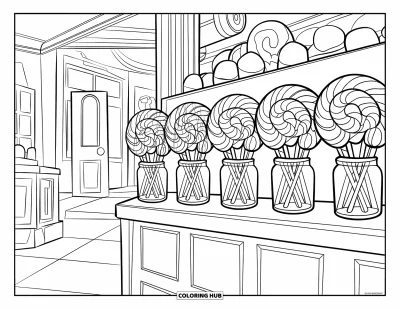 Desenho de Pirulito para Colorir para Crianças: Uma loja de doces aconchegante com prateleiras alinhadas com potes de pirulito e uma atmosfera acolhedora
