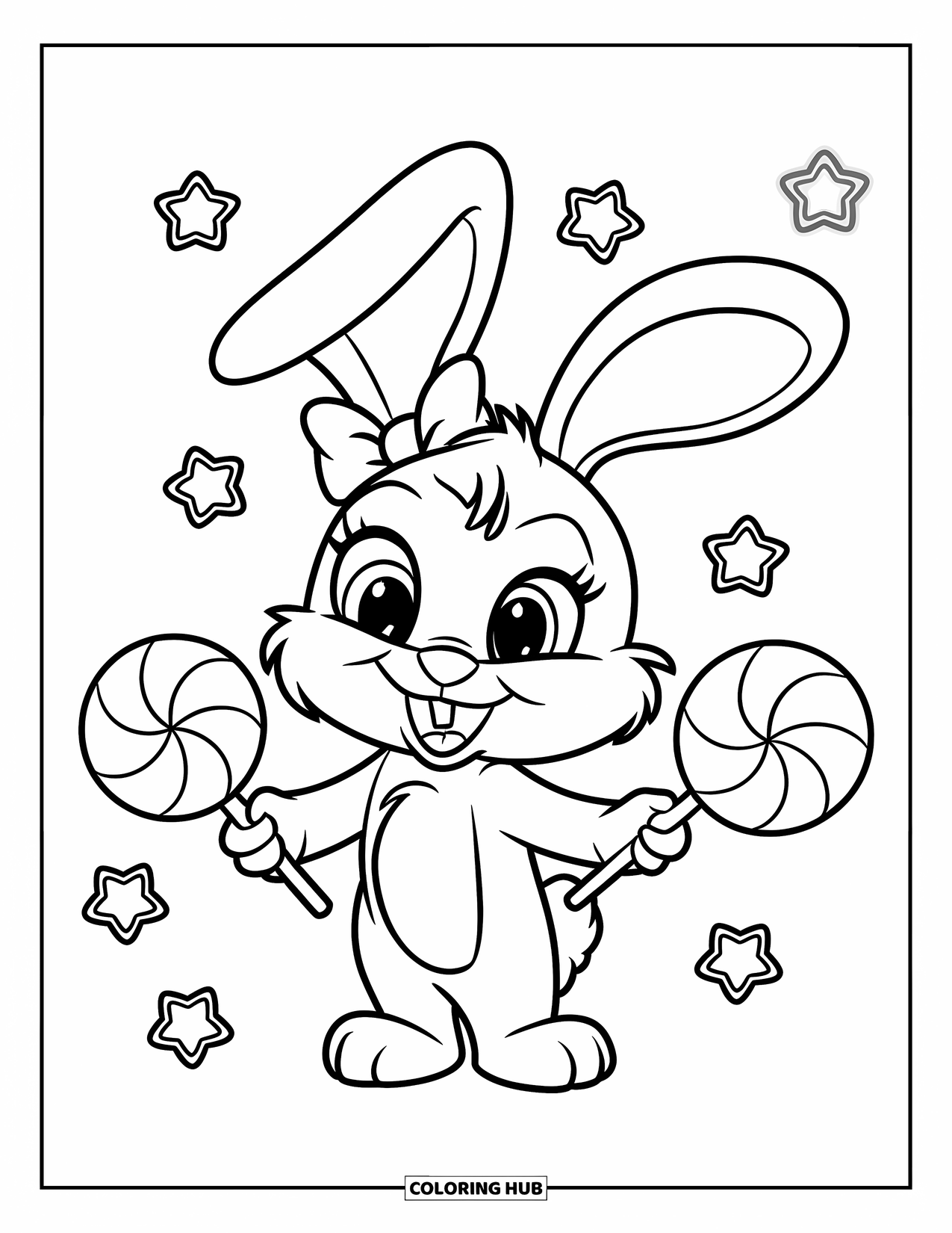 Lollipop Coloring Page for Kids: A cute bunny with a bow, joyfully holding lollipops and surrounded by floating candy stars