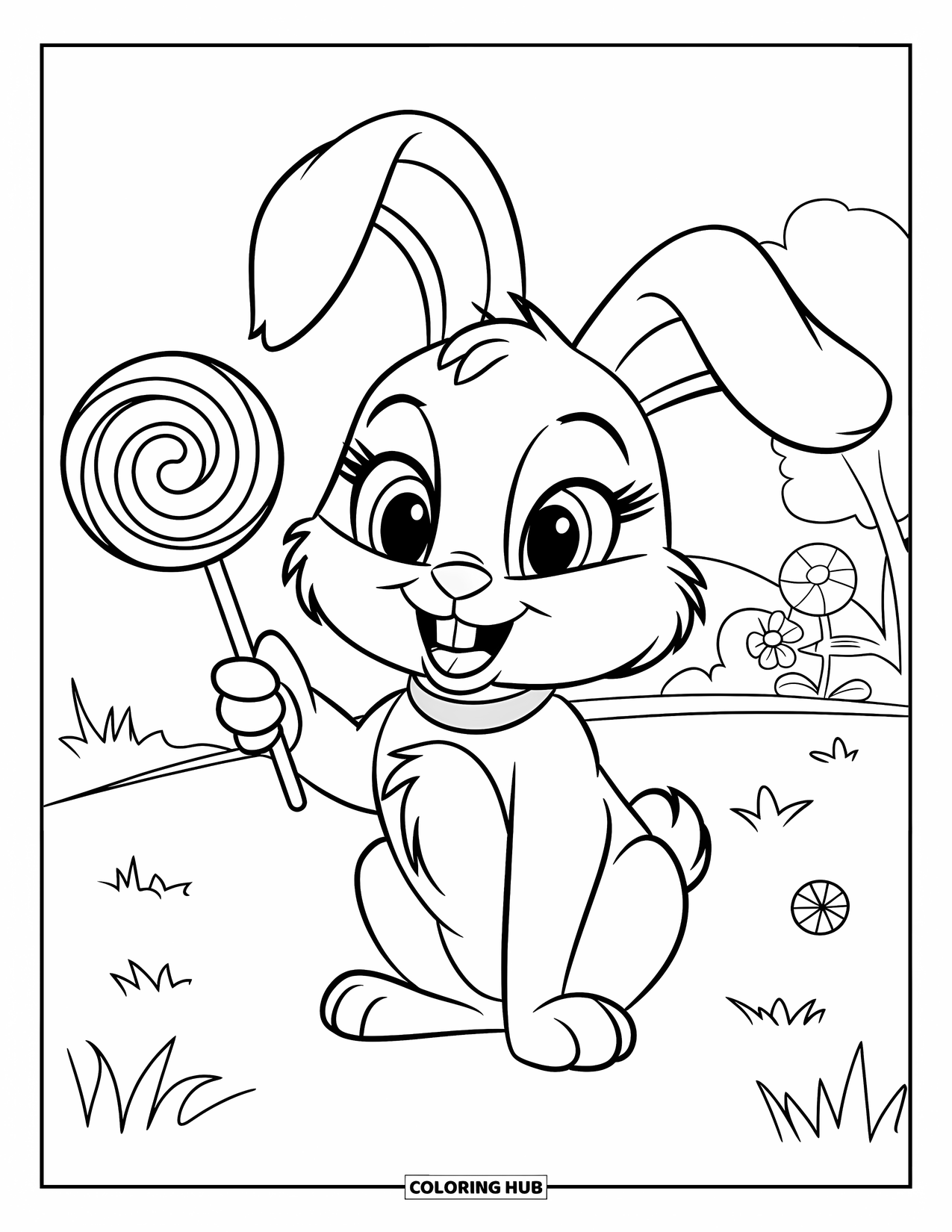 Lollipop Coloring Page for Kids: A cute bunny with large eyes and a collar, holding a lollipop in a grassy field