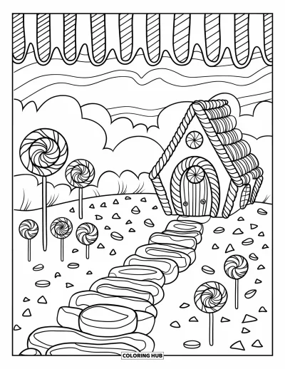 Desenho de Pirulito para Colorir para Crianças: Uma terra de doces de fantasia com uma casa de hortelã-pimenta, caminho de jujuba e árvores de pirulito