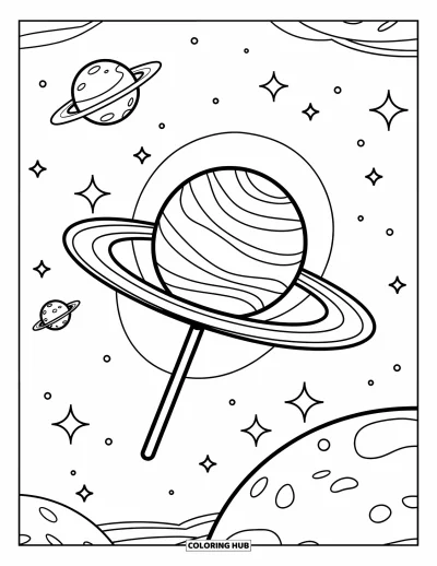 Desenho de Pirulito para Colorir para Crianças: Um pirulito flutuante com tema espacial com pequenos planetas orbitando em um universo estrelado