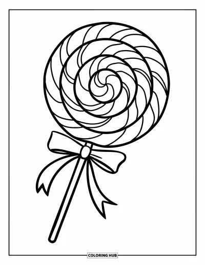 Desenho de Pirulito para Colorir para Crianças: Um pirulito gigante com um design em espiral e um laço decorativo