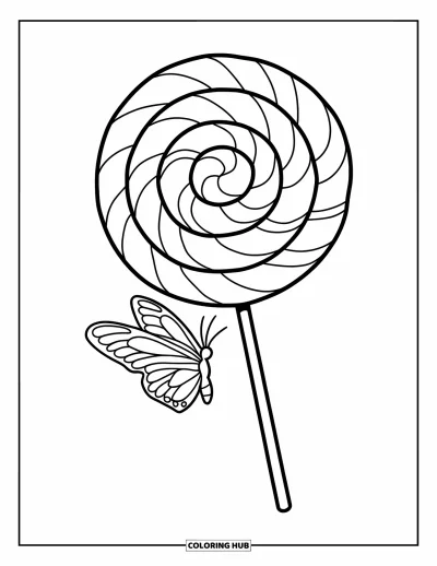 Desenho de Pirulito para Colorir para Crianças: Um pirulito gigante em espiral em pé com uma pequena borboleta pousada em seu palito