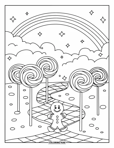 Desenho de Pirulito para Colorir para Crianças: Um caminho de jujuba que leva a uma casa de doces, com um homem de gengibre caminhando ao longo