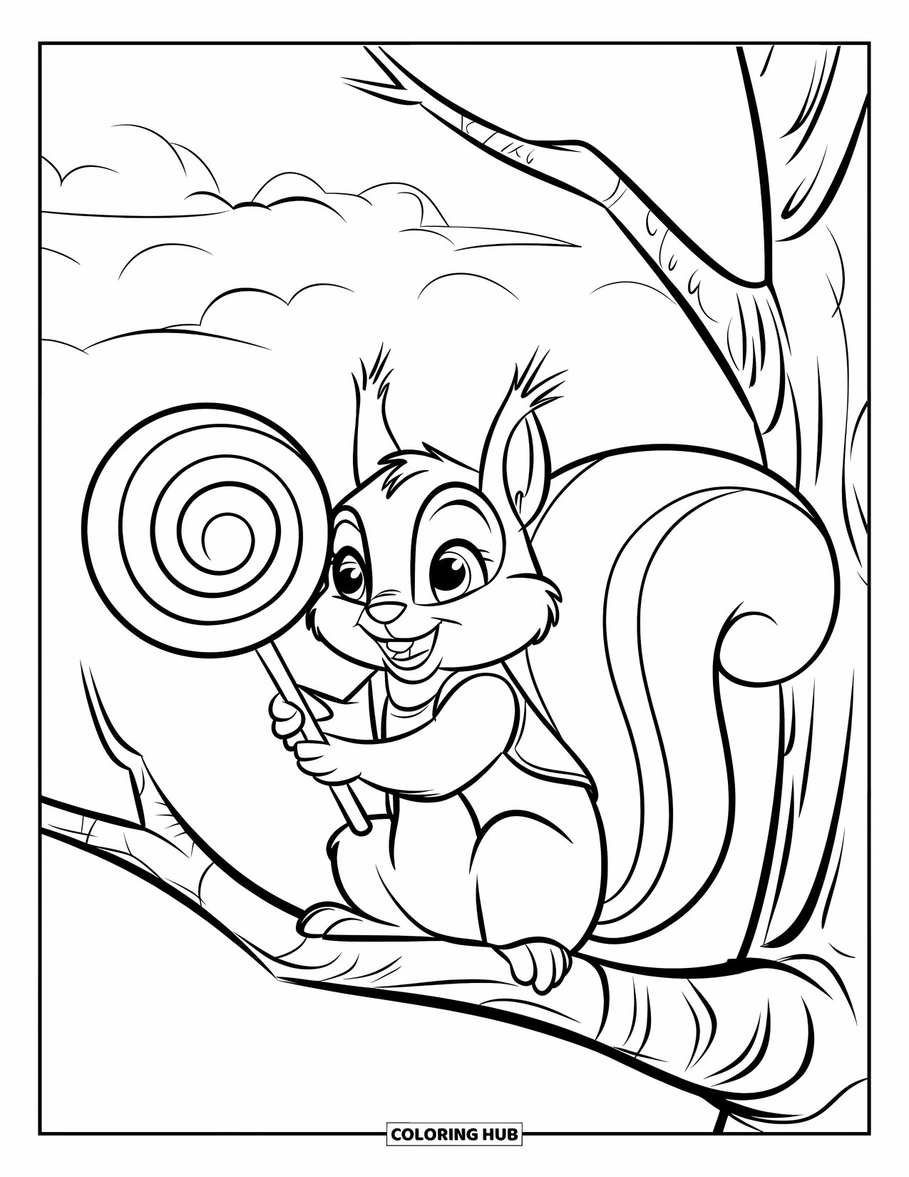 Lollipop Coloring Page for Kids: A happy squirrel sitting on a tree branch, holding a large swirled lollipop