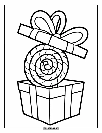 Desenho de Pirulito para Colorir para Crianças: Um grande pirulito colocado dentro de uma caixa de presente embrulhada com um grande laço decorativo