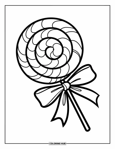 Desenho de Pirulito para Colorir para Crianças: Um grande pirulito em espiral com uma fita amarrada em seu palito