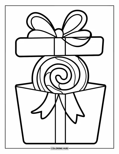 Desenho de Pirulito para Colorir para Crianças: Uma caixa de presente de pirulito amarrada com um laço, colocada sobre uma superfície de madeira