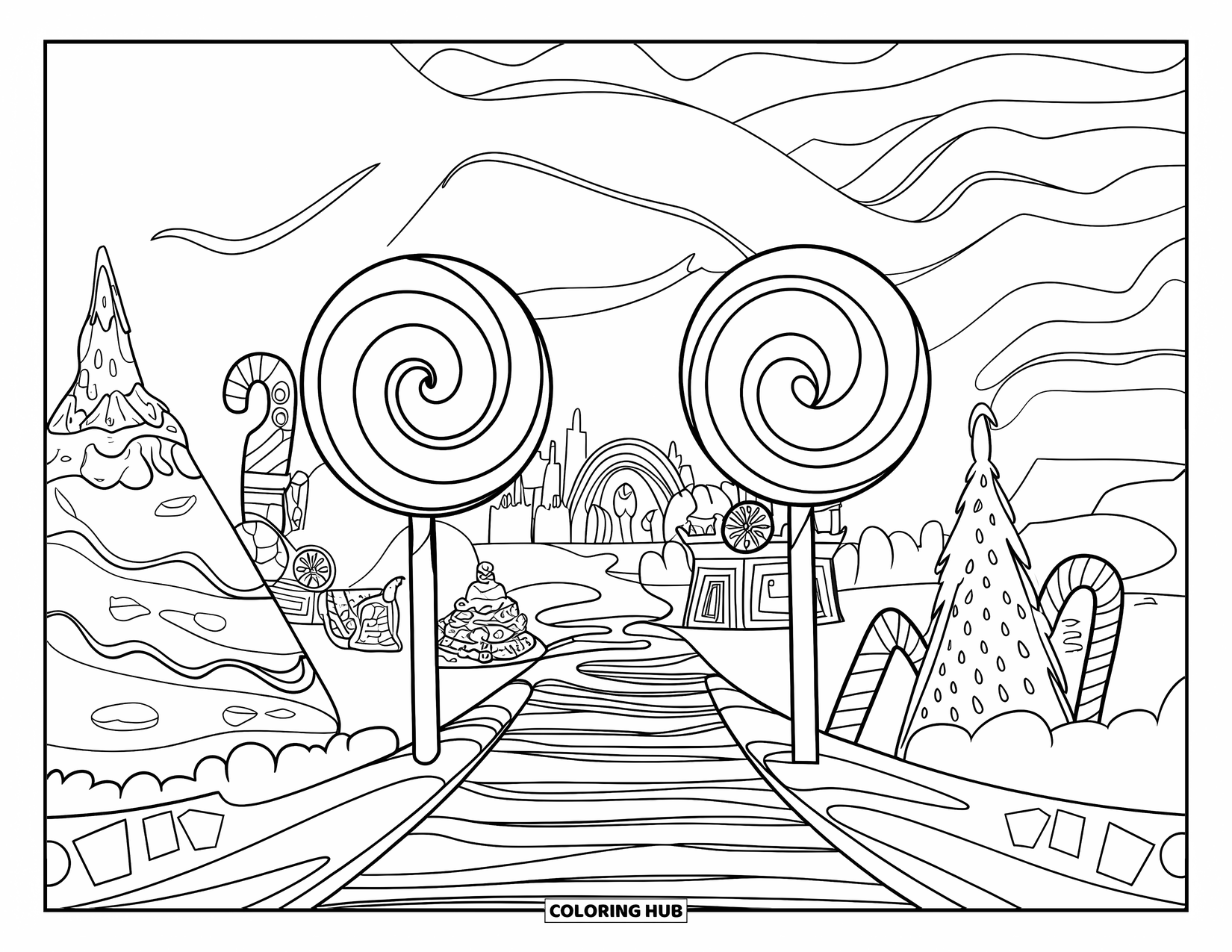 Lollipop Coloring Page for Kids: A magical candy land with lollipop gates, chocolate fountains, and a gumdrop castle