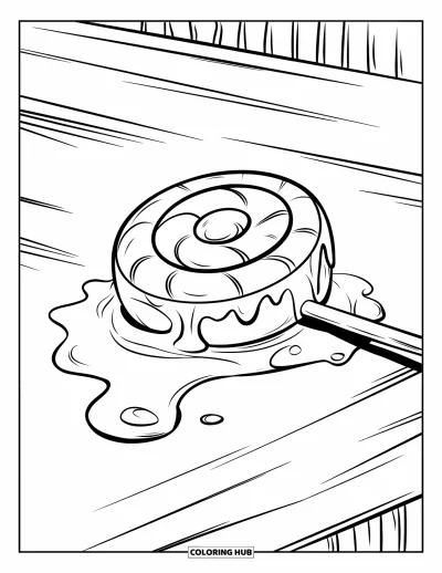 Desenho de Pirulito para Colorir para Crianças: Um pirulito derretendo pingando na mesa, deixando pequenas poças açucaradas