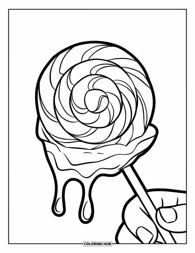 Desenho de Pirulito para Colorir para Crianças: Um pirulito derretendo segurado por uma mão, pingando na superfície abaixo