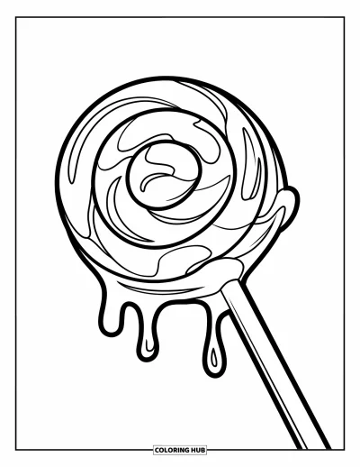 Desenho de Pirulito para Colorir para Crianças: Um pirulito derretendo com um efeito de gotejamento dinâmico, enfatizando sua textura açucarada