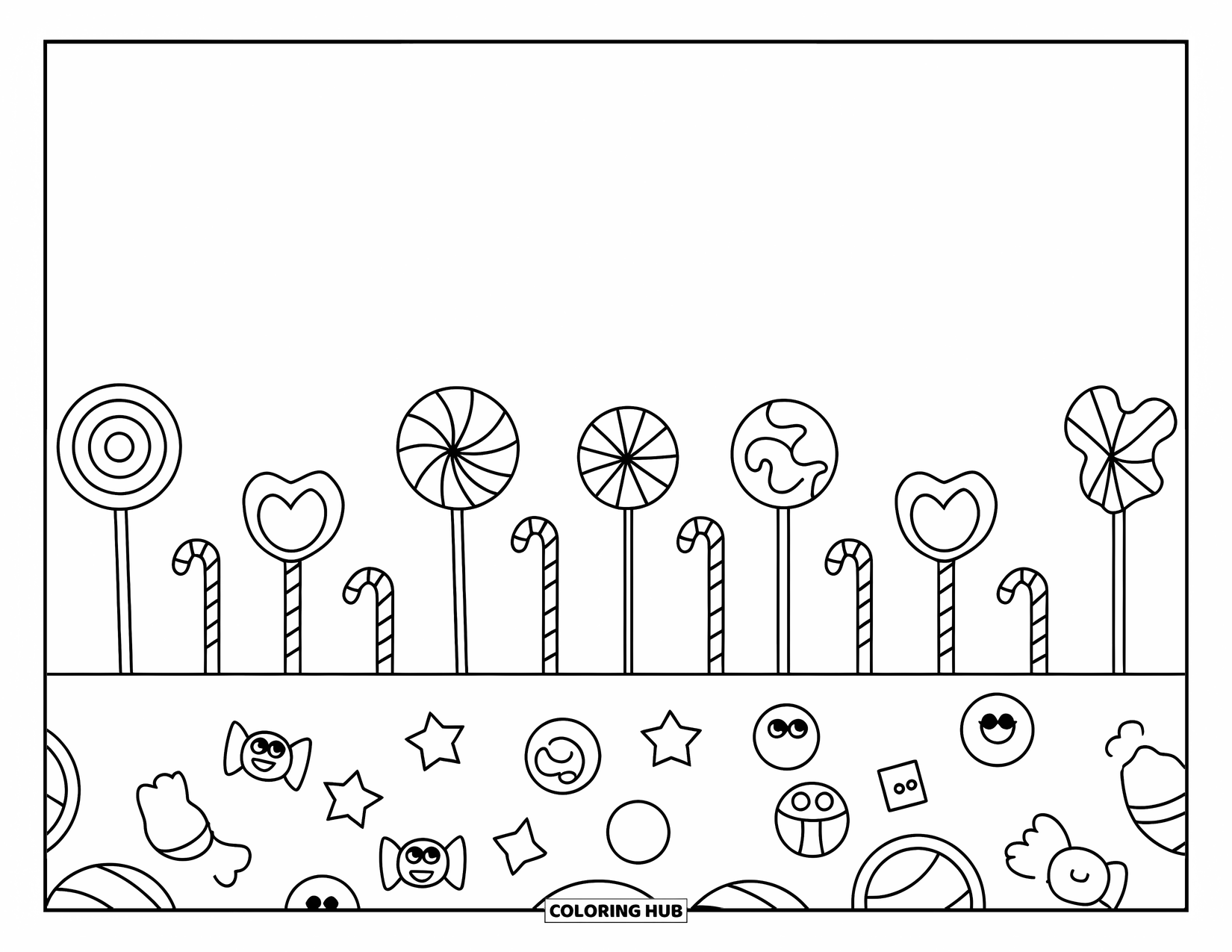Lollipop Coloring Page for Kids: A playful candy garden with heart, star, and circle-shaped lollipops lined up neatly