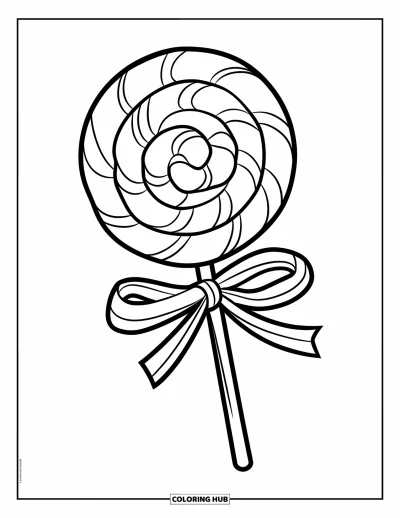 Desenho de pirulito para colorir para crianças: Um único pirulito gigante com padrão em espiral e uma fita