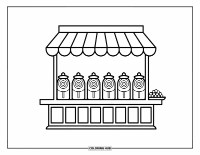 Desenho de Pirulito para Colorir para Crianças: Uma pequena barraca de doces com um padrão listrado vermelho e branco, apresentando potes de pirulitos