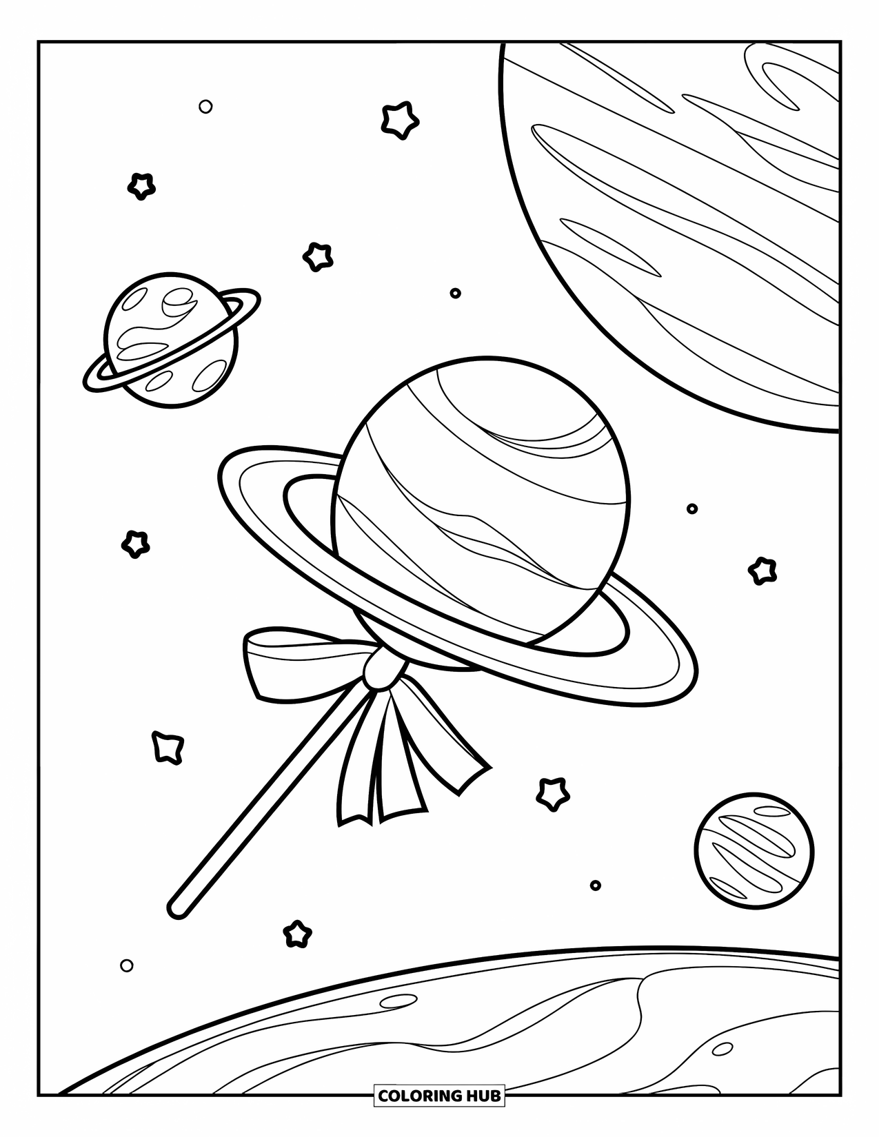 Lollipop Coloring Page for Kids: A space-themed lollipop with orbiting planets set against a vast starry sky