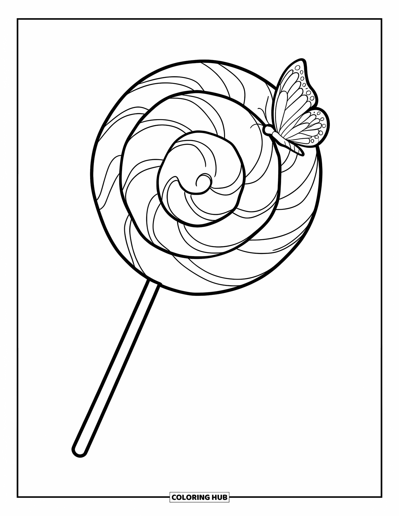 Lollipop Coloring Page for Kids: A spiral-patterned lollipop with multiple layers, standing tall with a butterfly nearby