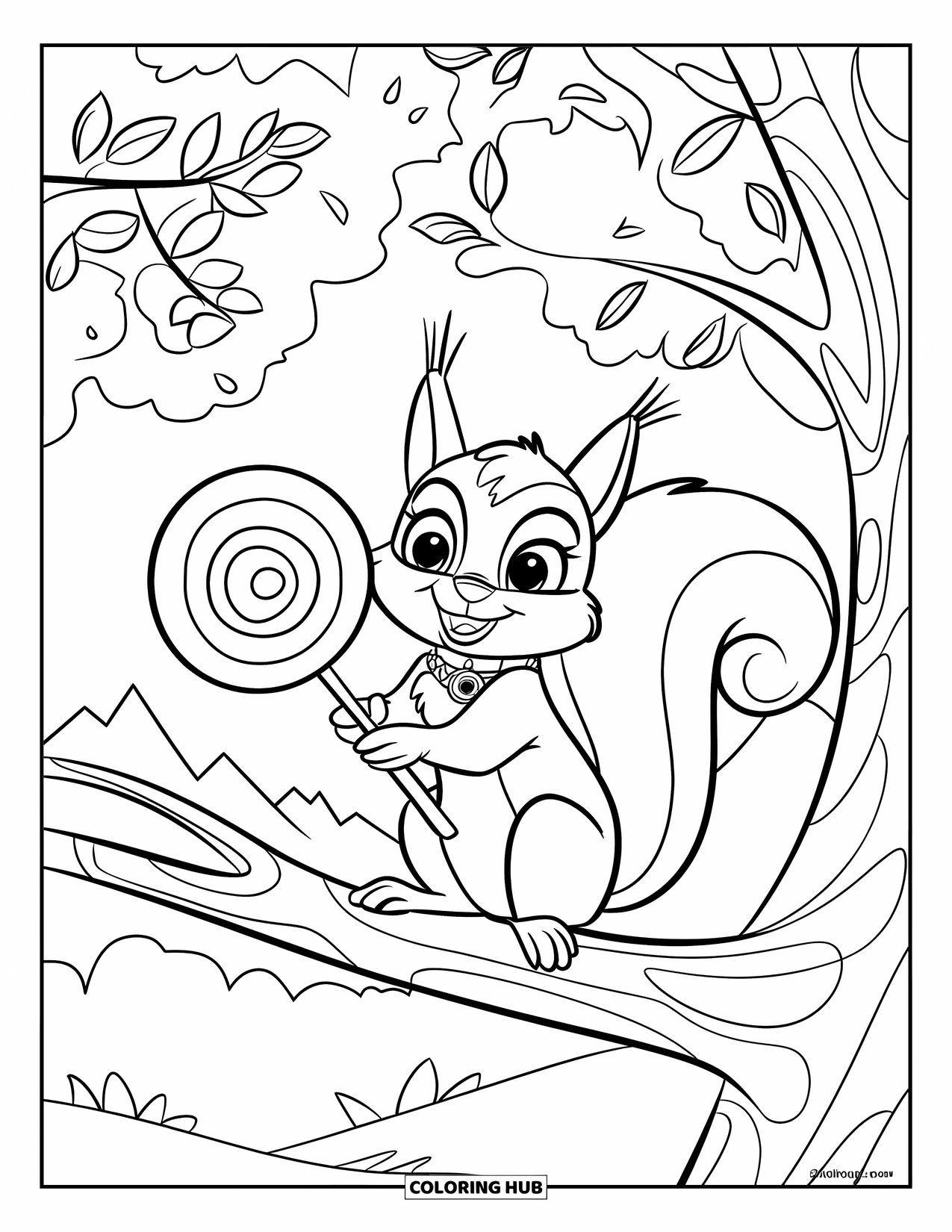Lollipop Coloring Page for Kids: A squirrel wearing a decorative collar, holding a lollipop on a branch in a forest