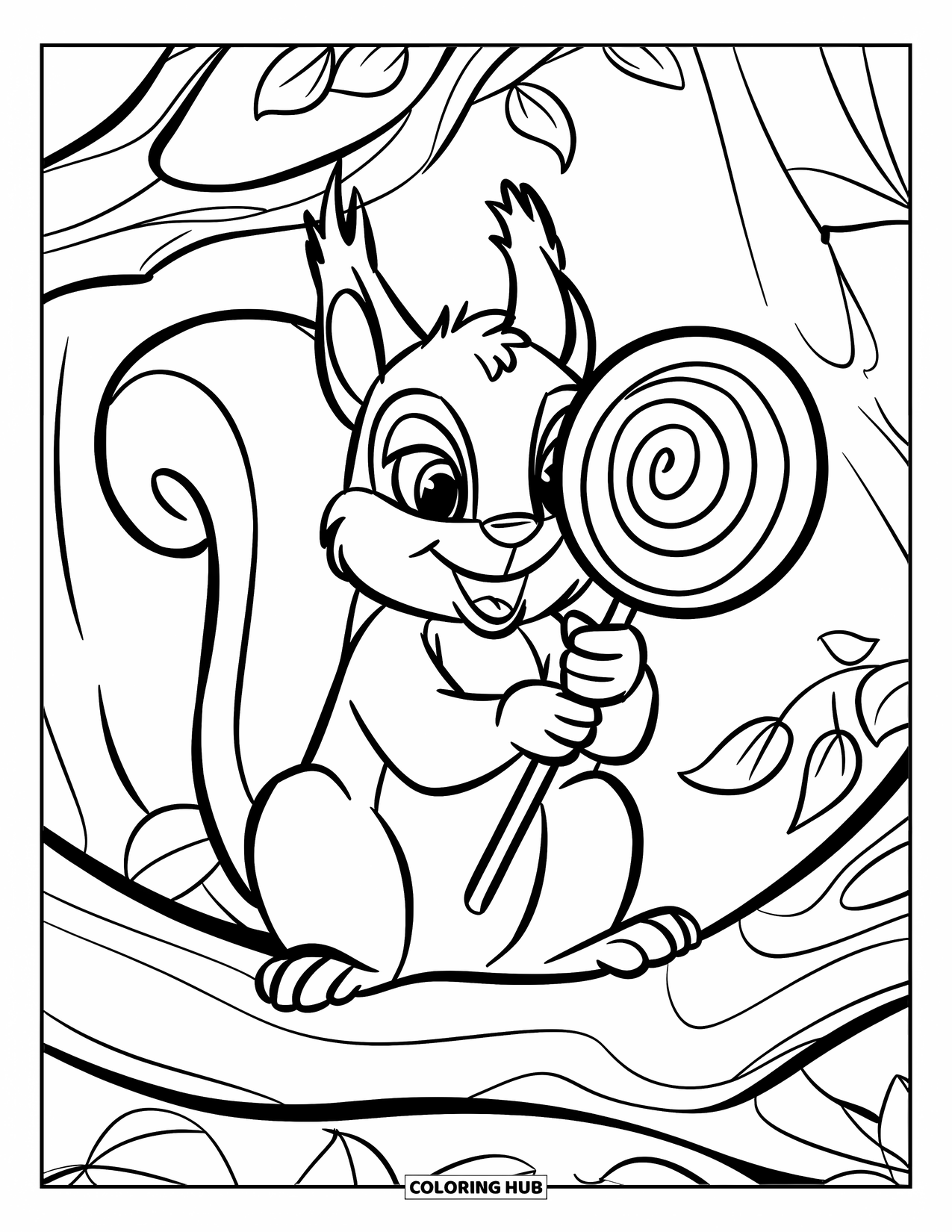 Lollipop Coloring Page for Kids: A squirrel with big eyes and a vest, enjoying a swirled lollipop on a tree branch