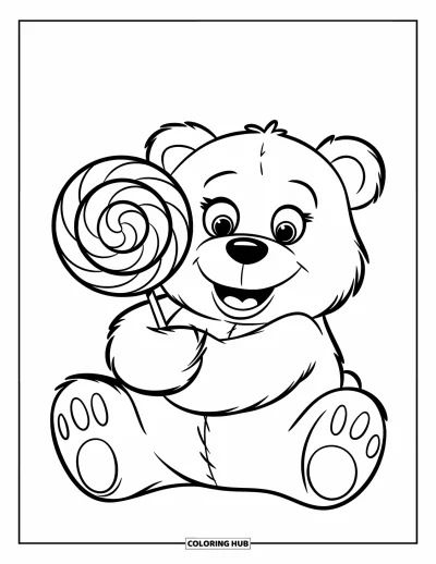 Desenho de Pirulito para Colorir para Crianças: Um ursinho de pelúcia com olhos arregalados e um sorriso fofo, segurando um grande pirulito