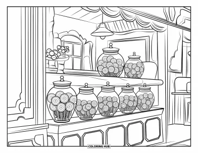 Desenho de Pirulito para Colorir para Crianças: Uma loja de doces em estilo vintage com potes de pirulitos dispostos ordenadamente em prateleiras de madeira