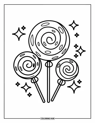 Desenho de Pirulito para Colorir para Crianças: Um trio caprichoso de pirulitos, cada um com um design em espiral único e brilhos