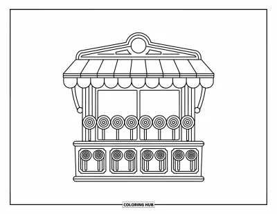 Desenho de Pirulito para Colorir para Crianças: Uma barraca de loja de doces de madeira cheia de pirulitos em potes de vidro, pronta para os clientes