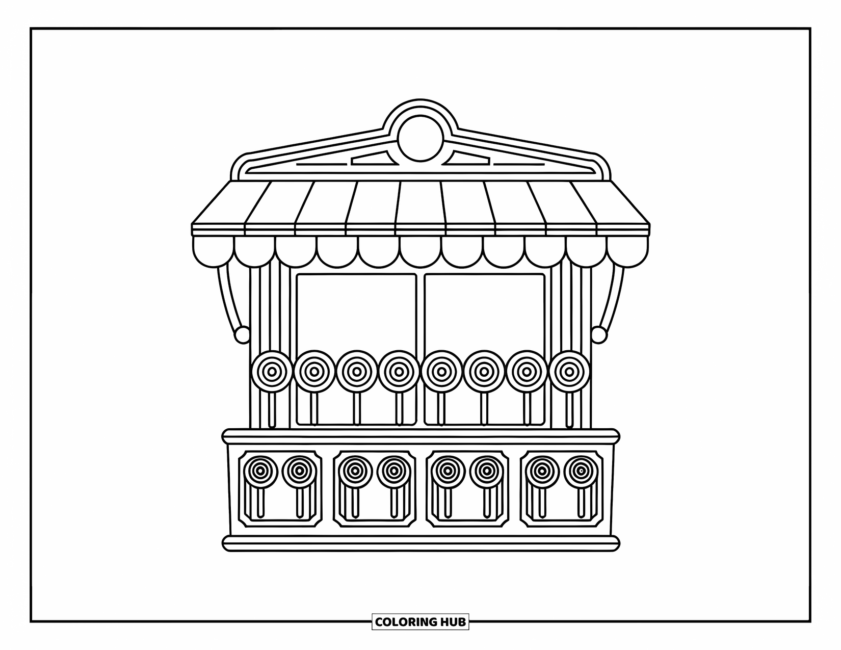 Lollipop Coloring Page for Kids: A wooden candy shop stand filled with lollipops in glass jars, ready for customers