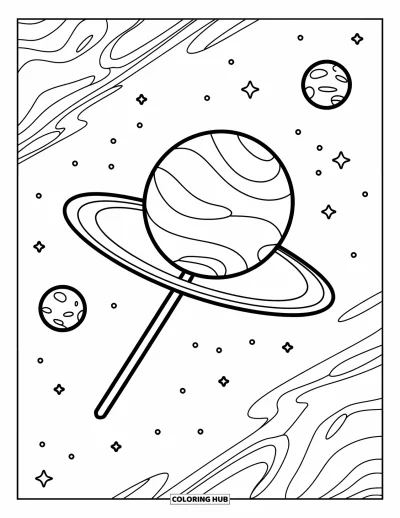 Desenho de Pirulito para Colorir para Crianças: Um pirulito de gravidade zero flutuando entre pequenos planetas em um cenário de espaço profundo
