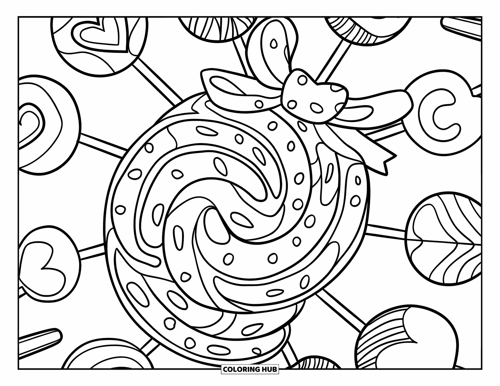 Lollipop Coloring Page for Kids: Lollipops of different shapes, including hearts and stars, tied together with a ribbon