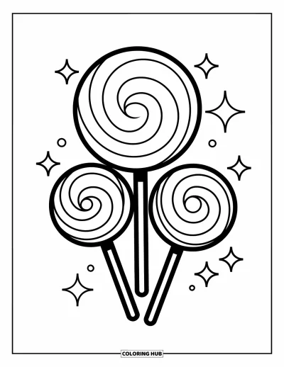Desenho de Pirulito para Colorir para Crianças: Três pirulitos sortidos com padrões em espiral e pequenos detalhes brilhantes