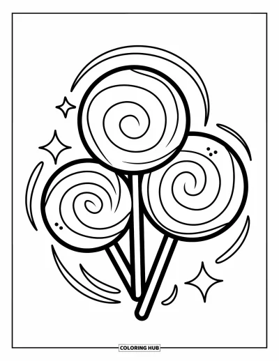 Desenho de Pirulito para Colorir para Crianças: Três pirulitos redondos de tamanhos diferentes, cercados por brilhos