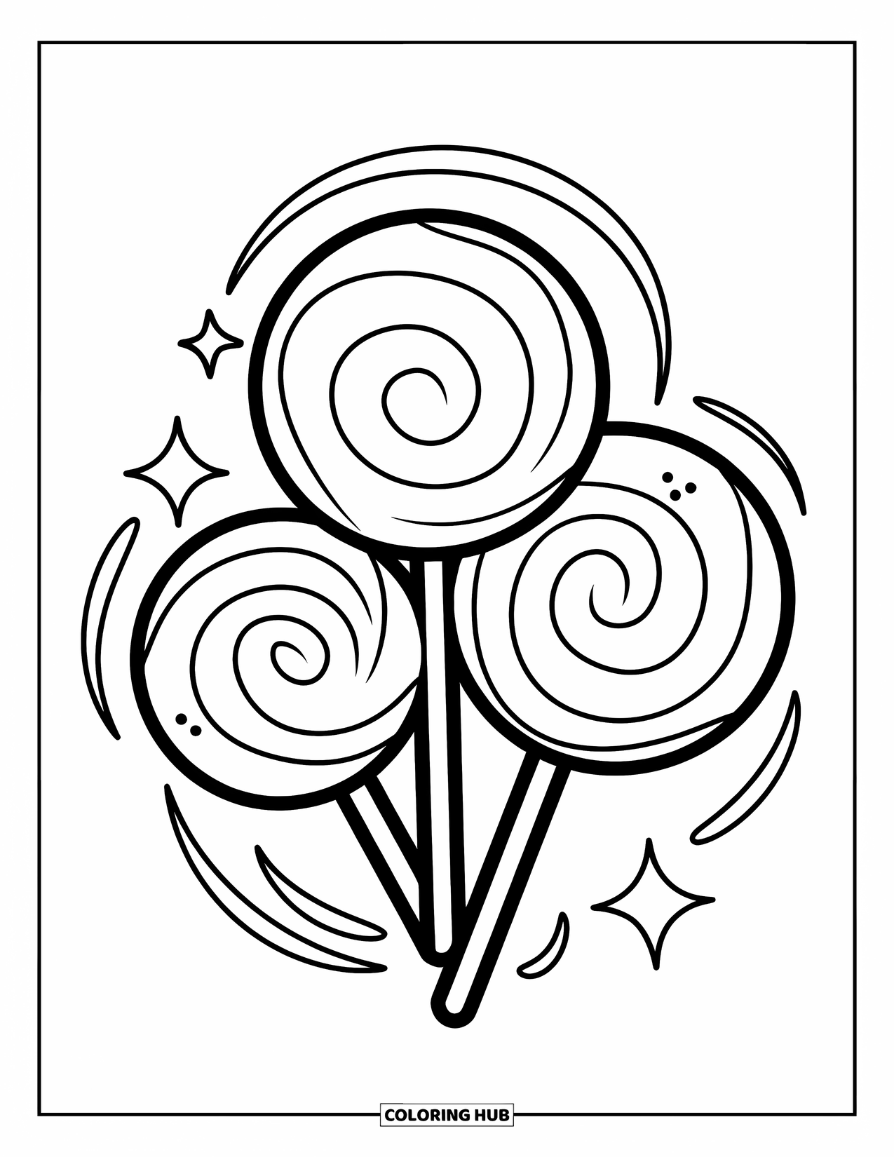 Lollipop Coloring Page for Kids: Three round lollipops of different sizes, surrounded by sparkles