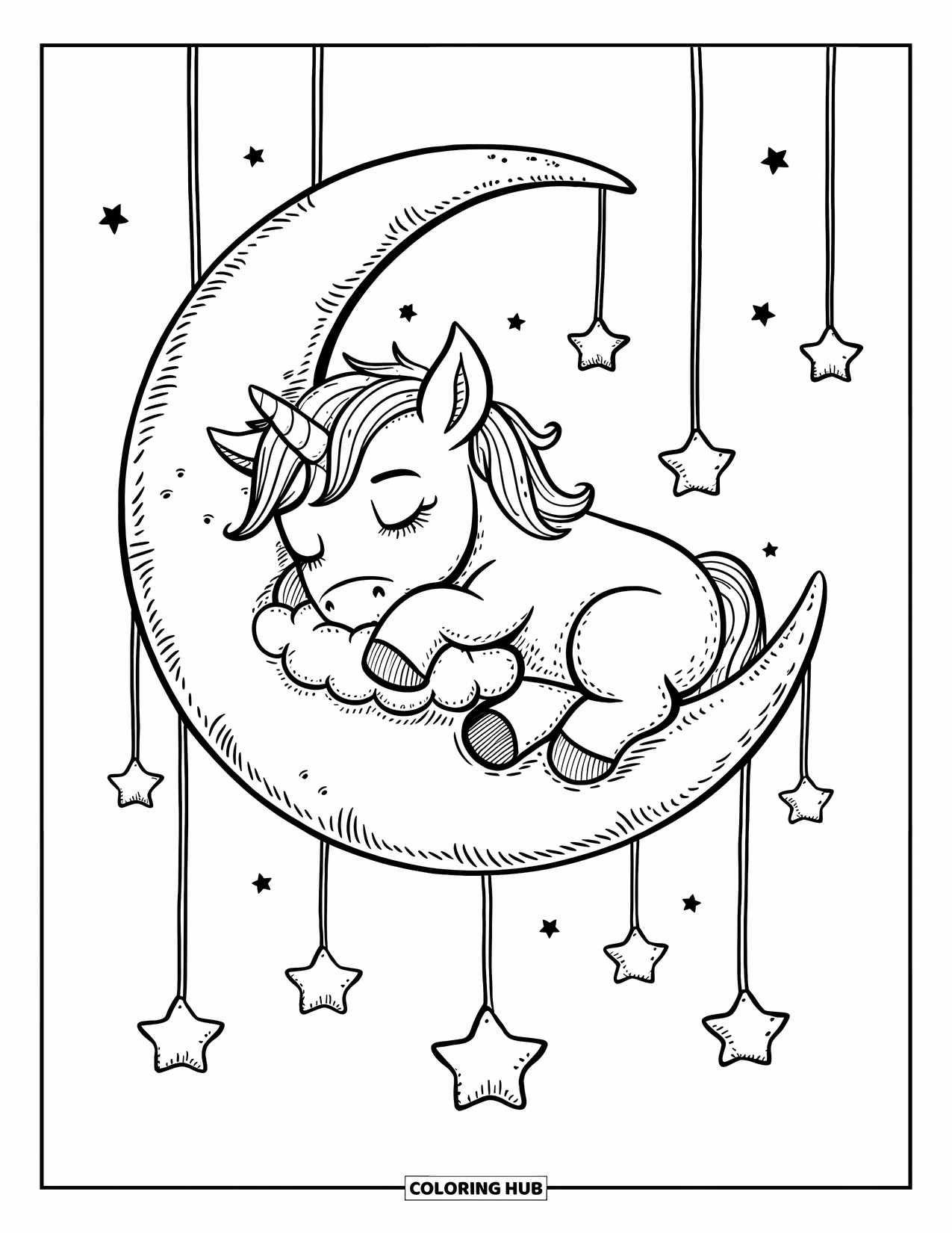 Moon Coloring Page for Adults: A baby unicorn sleeps on a full moon, resting on a tiny cloud under a starry sky