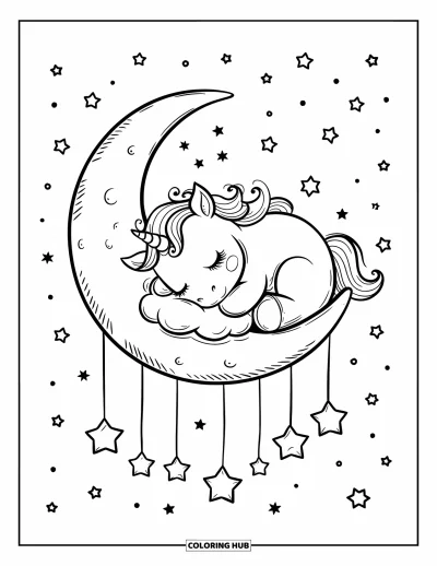 Coloriage de lune pour adultes : un bébé licorne se blottit sur une pleine lune, entouré d’étoiles pendantes et d’un ciel nocturne paisible