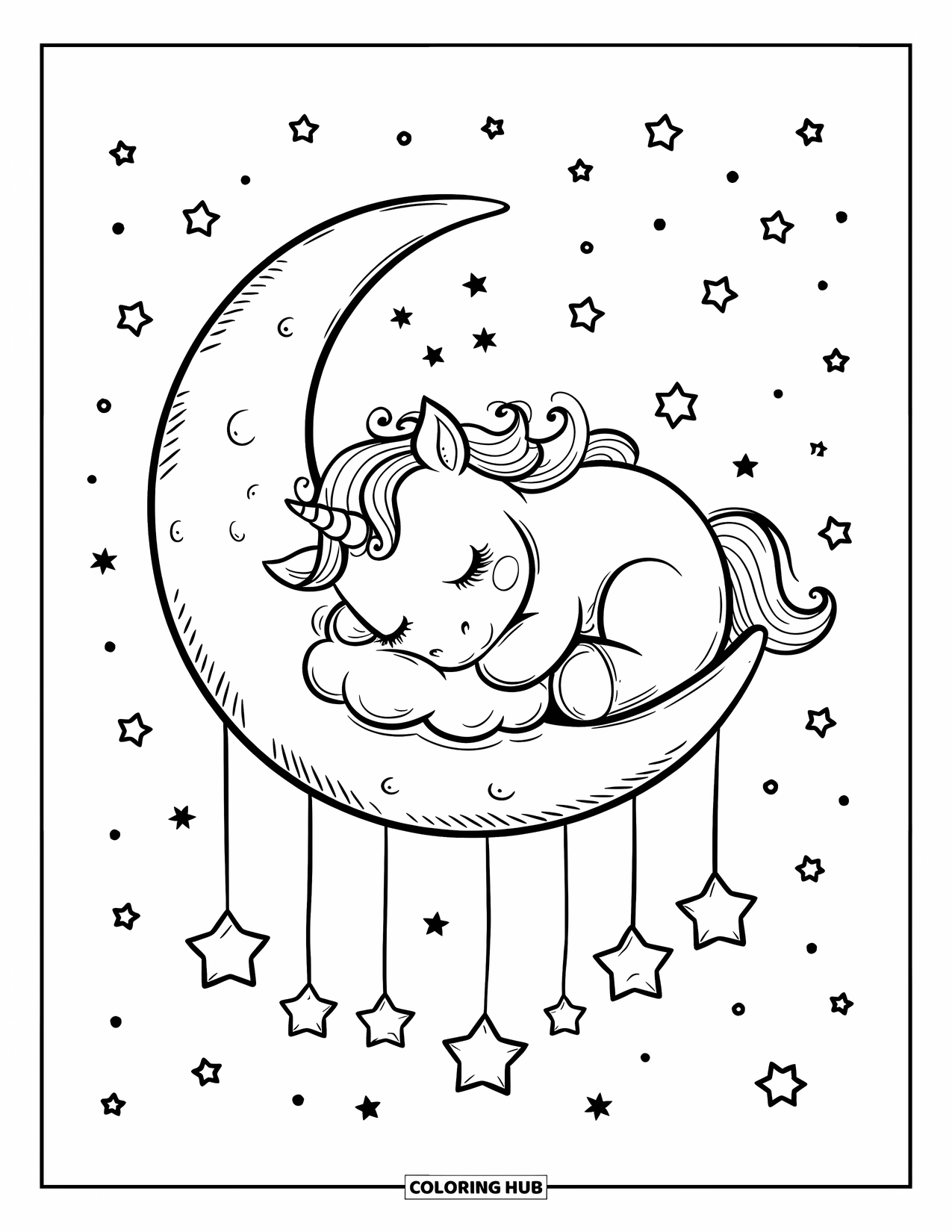 Moon Coloring Page for Adults: A baby unicorn snuggles on a full moon, surrounded by dangling stars and a peaceful night sky