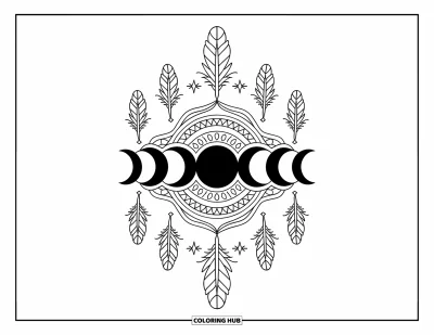 Coloriage de lune pour adultes : un design de phase de lune bohème avec des croissants et des pleines lunes, orné de motifs géométriques complexes et de plumes