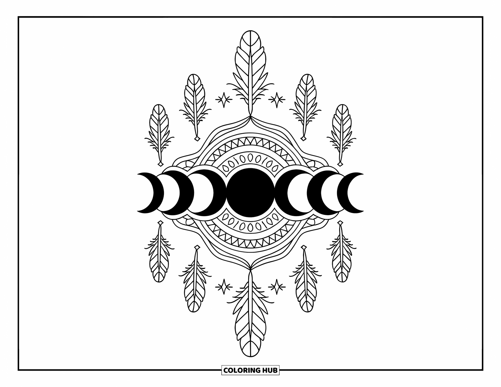 Moon Coloring Page for Adults: A bohemian moon phase design with crescent and full moons, adorned with intricate geometric patterns and feathers
