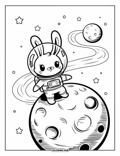 Coloriage de lune pour adultes : un lapin astronaute rebondit sur une pleine lune, portant un casque surdimensionné dans un ciel étoilé