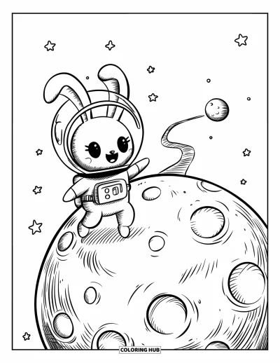 Coloriage de lune pour adultes : un lapin astronaute dans un minuscule casque saute sur la lune, entouré d’étoiles et d’une planète lointaine