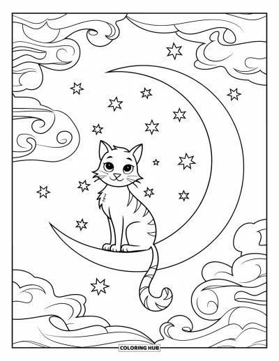 Coloriage de lune pour adultes : un chat céleste se prélasse sur un croissant de lune, encadré par des étoiles tourbillonnantes et des embellissements cosmiques rêveurs