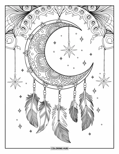 Coloriage de lune pour adultes : un attrape-rêves céleste encercle un croissant de lune, décoré de détails en filigrane, d’étoiles flottantes et d’ornements délicats