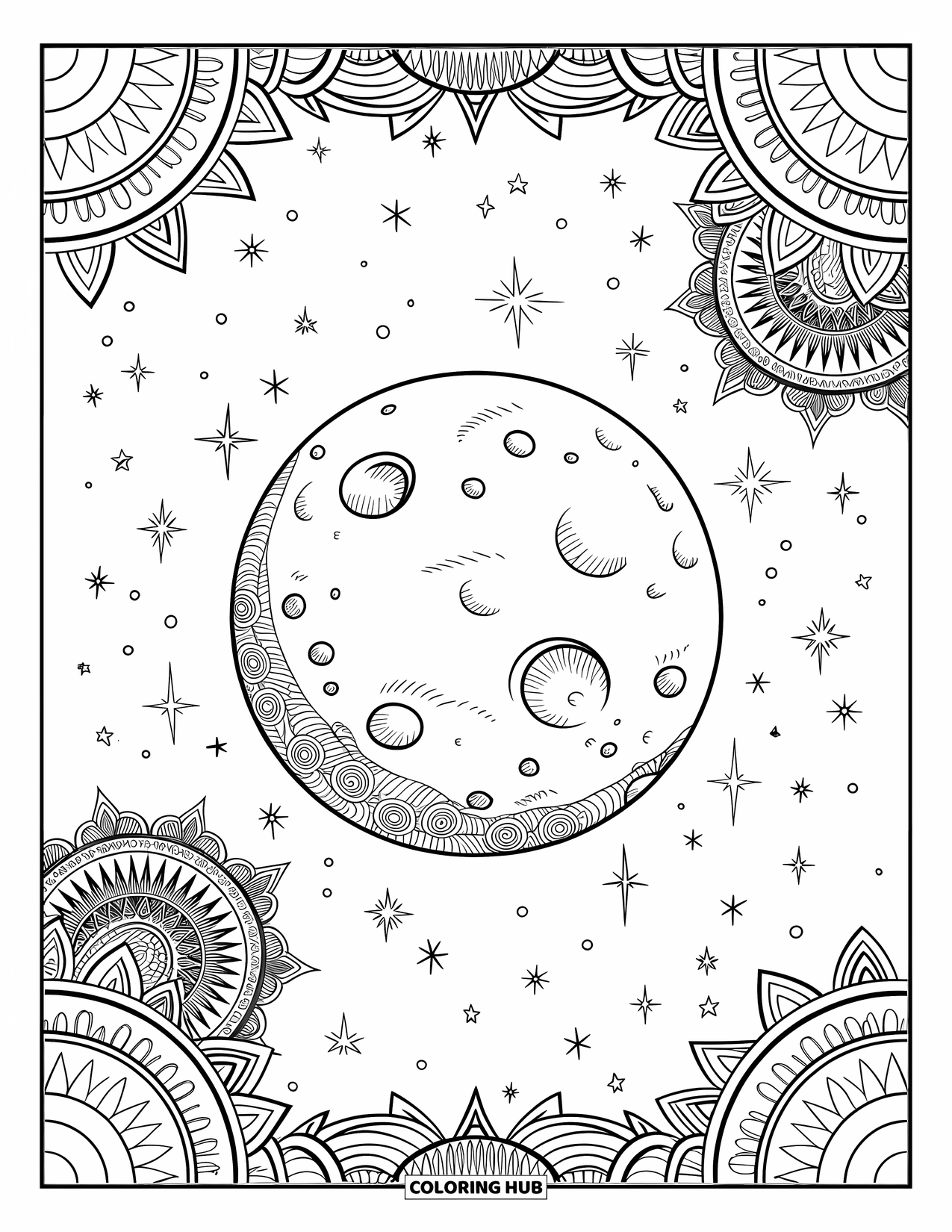 Moon Coloring Page for Adults: A celestial full moon, rich with crater textures, floats among spiraling galaxies, delicate mandala motifs, and twinkling stars