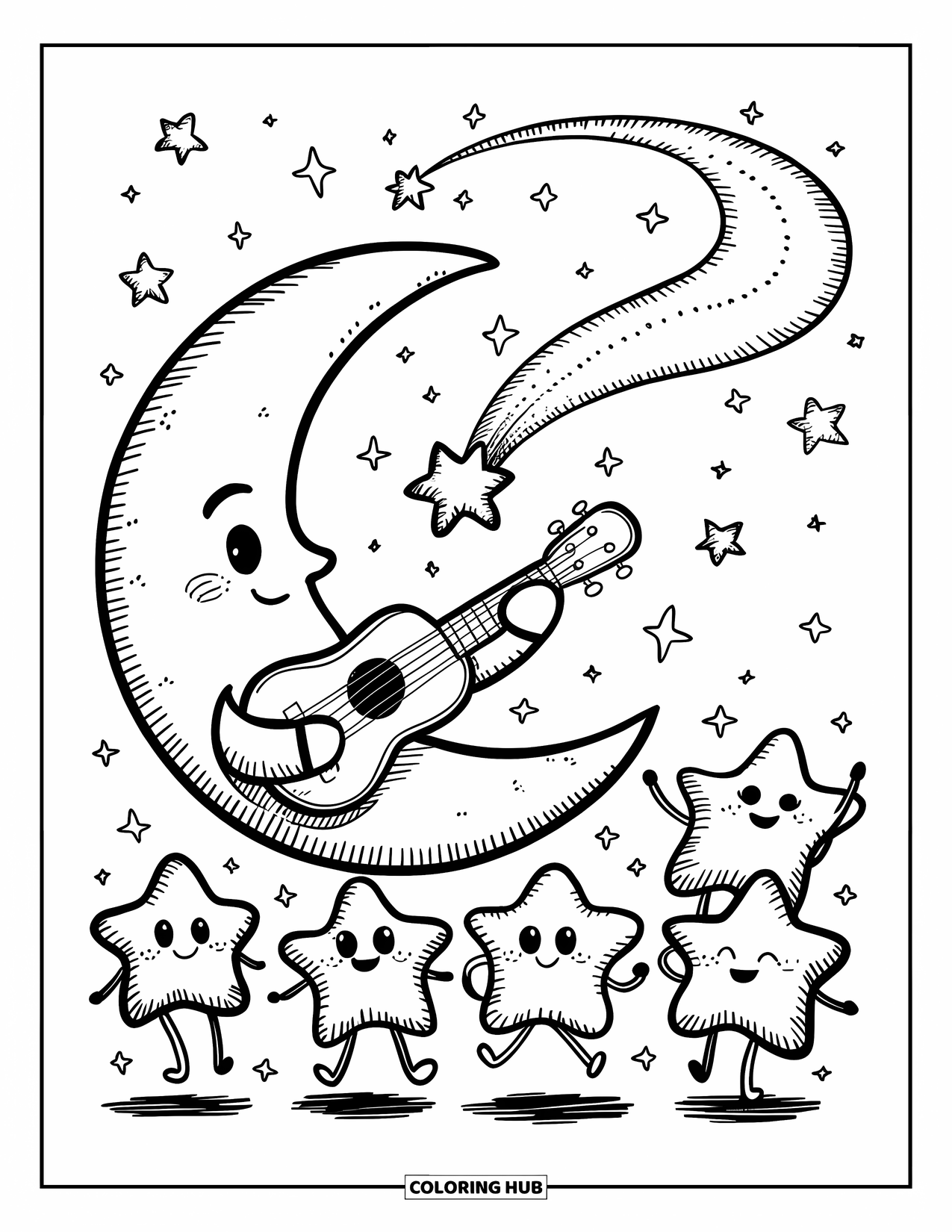 Moon Coloring Page for Adults: A cheerful crescent moon strums a ukulele while twinkling stars dance in the sky