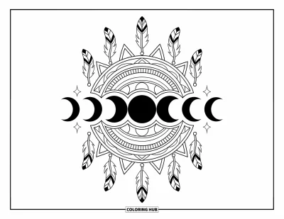 Coloriage de lune pour adultes : une séquence cosmique de phases de lune encadrée par des motifs bohèmes, des plumes fluides et des éléments géométriques élégants